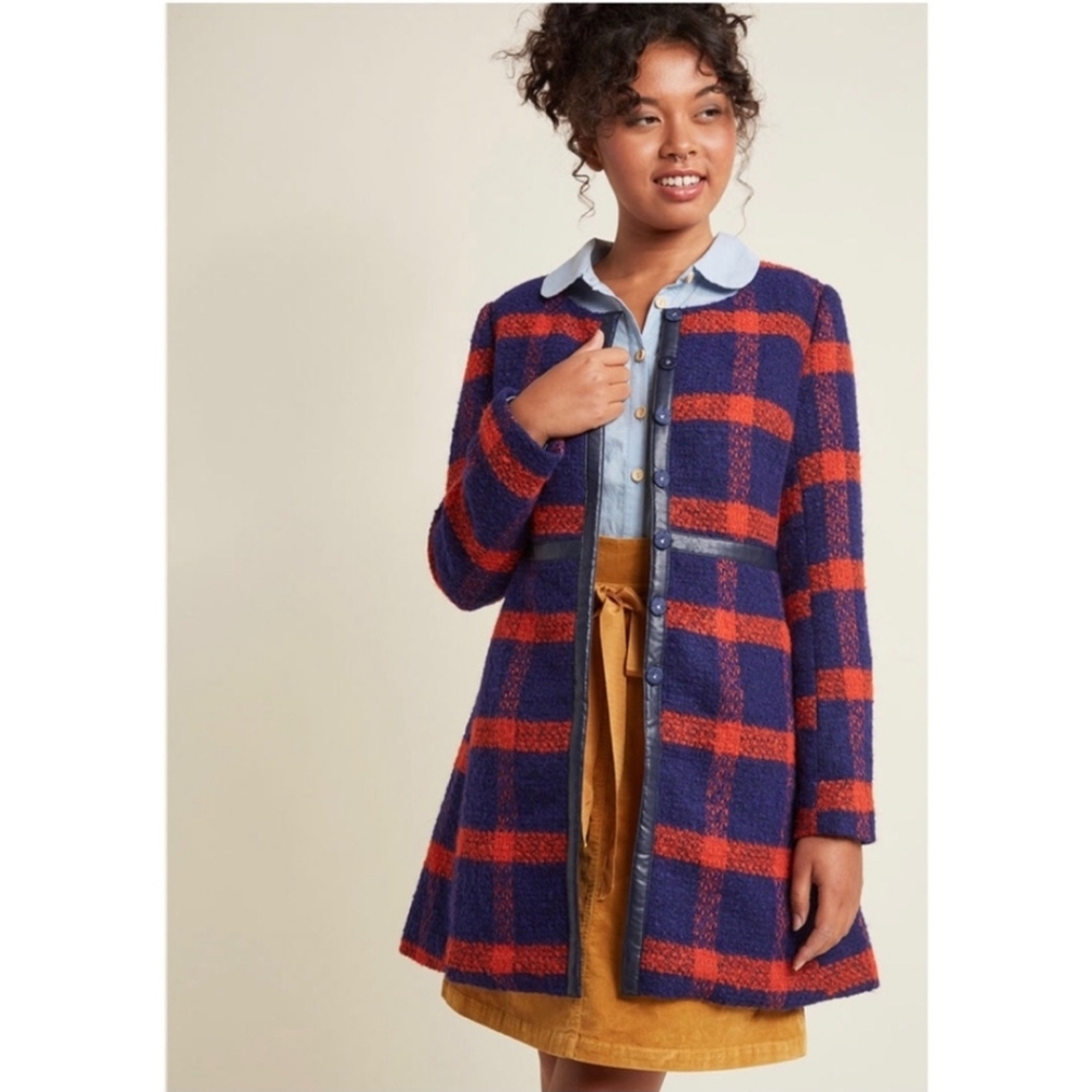 Modcloth Retro Tartan Plaid Tailored Wool Blend Coat A-Line Blue & Orange 1X